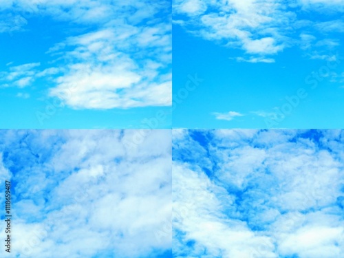 Blue sky background with white decorative Cirrocumulus clouds - collage, natural air space background. Topics: pattern, texture, weather, meteorology, atmosphere, abstraction, wallpaper