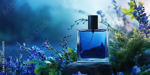 Sapphire Perfume Bottle on Dark Stone, Surrounded by Greenery and Blue Wildflowers photo