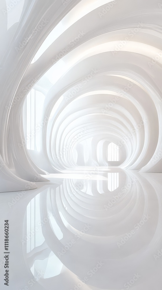 Obraz premium Abstract White Room with Circular Architecture: This minimalist photo showcases a futuristic, minimalist interior design with circular architecture, creating an ethereal and calming ambiance.