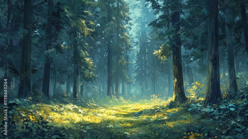 Fototapeta premium Mystical lush forest with pine trees and mist