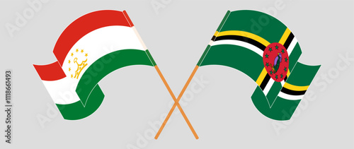 Crossed and waving flags of Tajikistan and Dominica. Vector illustration