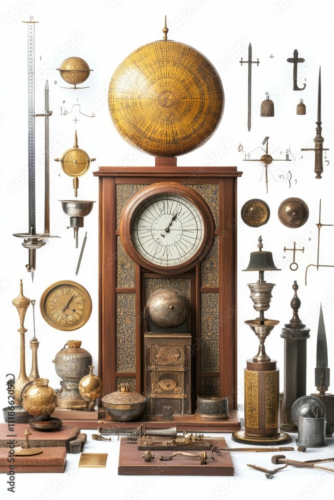 Antique scientific instruments, clocks, globes, and tools.