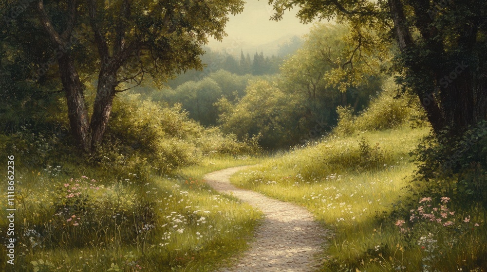Serene gravel path through lush meadow Serene gravel path through lush meadow