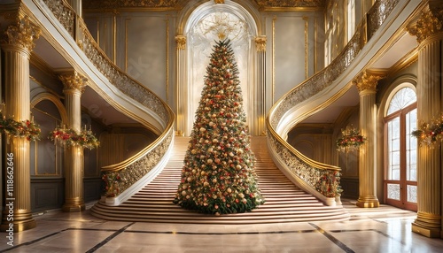 a beautifully decorated christmas tree stands in an opulent hall with a grand staircase concept of luxury holiday decor photo