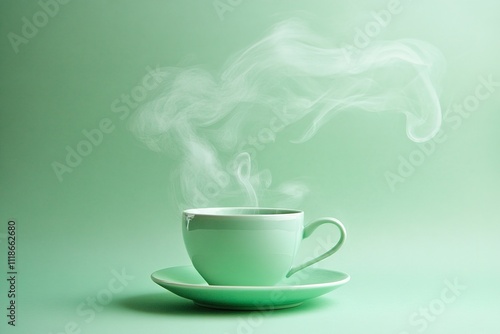 Pastel Green Cup with Steam on Saucer, Mint Green Background for a Soothing Look photo