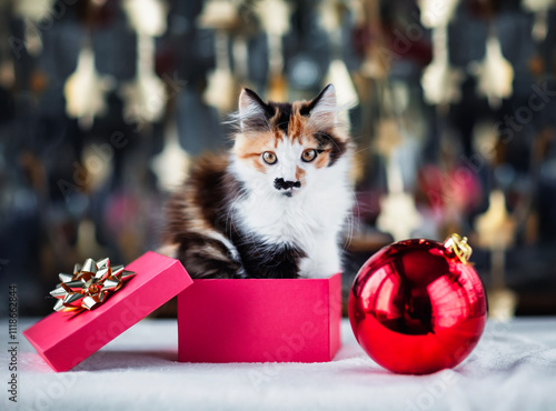 cute fluffy kitten sitting next to gift box and christmas ball on festive shi...