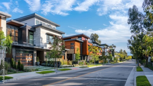 Modern Residential Street with Sustainable Homes Featuring Solar Panels and Vibrant Community Design