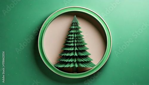 Creative green paper art showcasing a tree in a round frame against a teal background. Generative AI photo