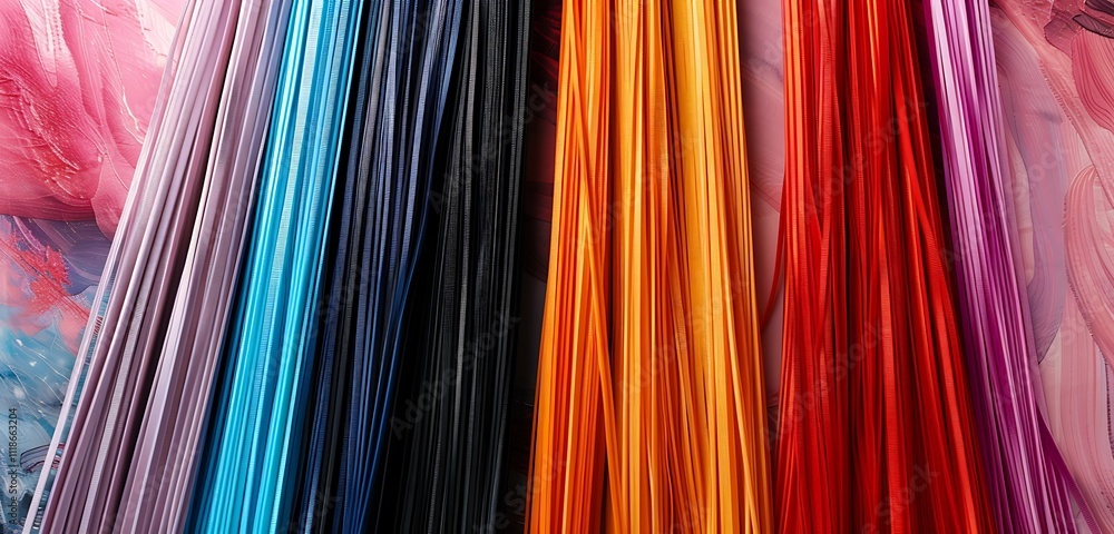 Vertical hanging stripes bundles in a variety of colors against an abstract backdrop, perfect for artistic displays Vertical hanging stripes bundles in a variety of colors against an abstract backdrop, perfect for artistic displays