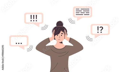 Woman plugs ears hands. Lots information around. Noisy news background. Girl covered ears her hands. Lots different information. Emotional stress. Flat vector illustration on white background.