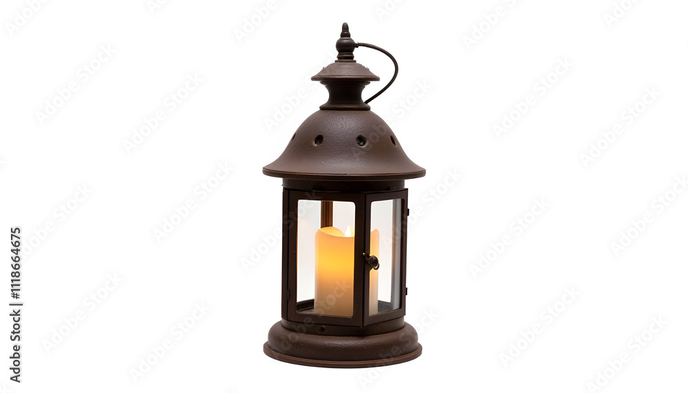 Rustic Lantern with a Glowing Candle Inside, Casting a Warm, Flickering Light, Isolated on White Background. Rustic Lantern with a Glowing Candle Inside, Casting a Warm, Flickering Light, Isolated on White Background.