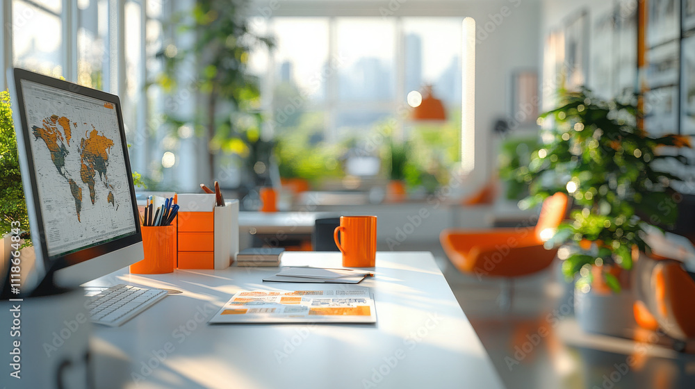 A bright and modern office designed for a travel agency, featuring a color scheme of white and vibrant orange. A bright and modern office designed for a travel agency, featuring a color scheme of white and vibrant orange.