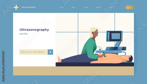 Ultrasonography Procedure. Doctor Examing Male Patient with Scanner in Medical Office or Laboratory. Modern Flat Vector Concept Illustration.  Landing Page Design Template. Website Banner.