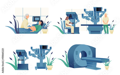 Set of Modern Flat Medical Insurance Illustrations. Medical Equipment, Robotic Surgical Assisted System, Ultrasonography Procedure in Medical Office, MRI Procedure.