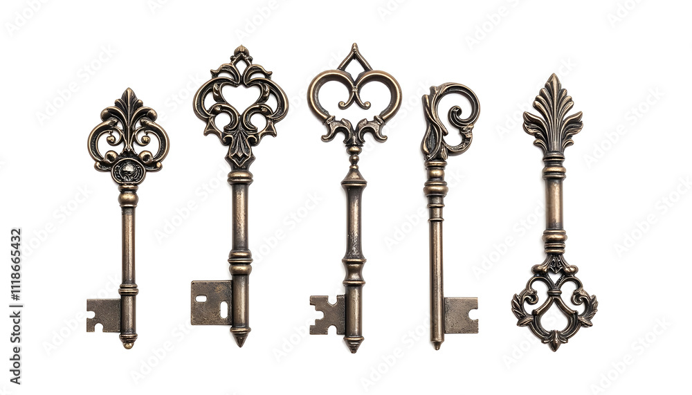 A Set of Antique Keys with Different Shapes and Ornate Designs, Isolated on White Background.