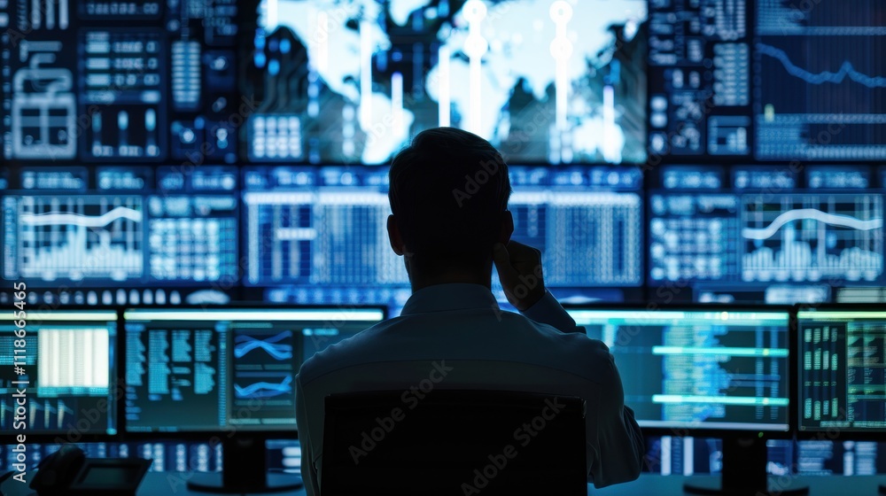A guy stands before a wall of computer monitors displaying water-like electronic devices in electric blue font, bringing entertainment to the city amidst the darkness. A guy stands before a wall of computer monitors displaying water-like electronic devices in electric blue font, bringing entertainment to the city amidst the darkness.