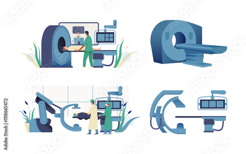 Set of Modern Flat Medical Insurance Illustrations. Coronary Angiography Procedure, MRI Procedure, Medical Equipment in Medical Office.