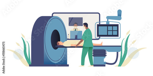 Magnetic Resonance Tomography. MRI procedure. Patient in the Scanner, Nurse, Medical Specialist in Laboratory. Medical Equipment. Modern Flat Vector Concept Illustration.
