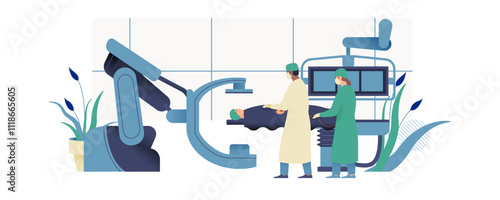 Coronary Angiography Procedure. Medical Equipment. Doctor and Nurse Perform Cardiac Catheterization on Patient in Laboratory. Modern Flat Vector Illustration.