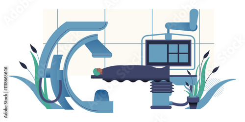 Angiography Procedure. Medical Equipment. Male Patient in Laboratory. Modern Flat Vector Illustration.