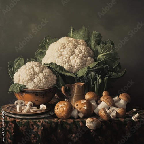 Still life of caulifower, mushrooms, and pottery. photo