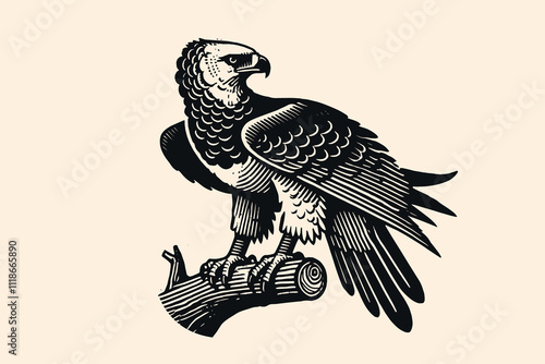 Harpy eagle bird. Vintage black engraving line art illustration, emblem, logo, isolated object. Print, tattoo