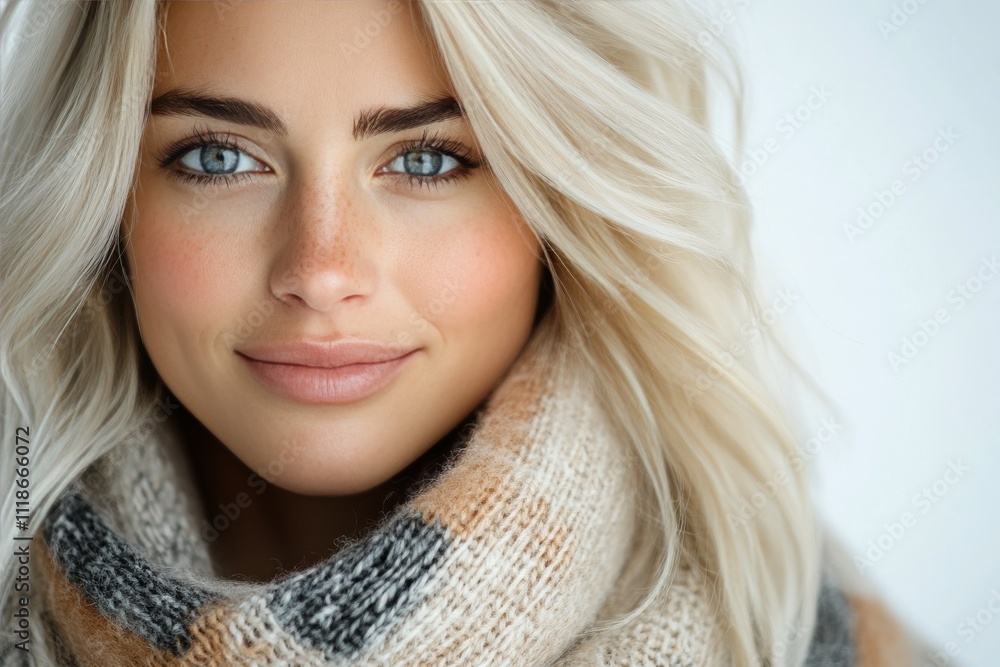 Smiling young woman in a cozy scarf on a soft background in a natural setting Smiling young woman in a cozy scarf on a soft background in a natural setting