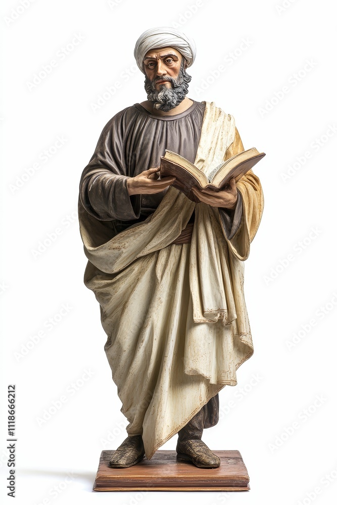 Naklejka premium Statue of man in robe, holding book.