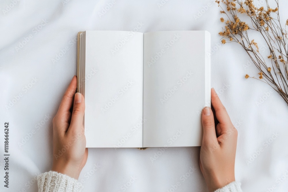 Hands holding an open blank book on a soft white surface with delicate flowers Hands holding an open blank book on a soft white surface with delicate flowers
