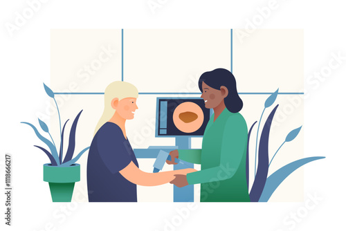 Dermatoscopy. Skin Cancer Screening. Medical Equipment. Medical Specialist Screening Female Patient on Birthmarks in Laboratory. Modern Flat Vector Illustration.