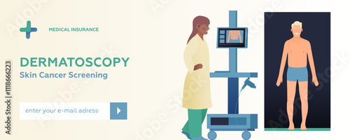 Dermatoscopy. Skin Cancer Screening. Medical Equipment. Medical Specialist Screening Patient on Birthmarks in Laboratory. Modern Flat Vector Illustration. Website Banner. Social Media Template.