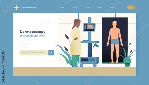Dermatoscopy. Skin Cancer Screening. Medical Equipment. Medical Specialist Screening Patient on Birthmarks in Laboratory. Modern Flat Vector Illustration. Landing Page Design Template. Website Banner.
