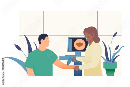 Dermatoscopy. Skin Cancer Screening. Medical Equipment. Medical Specialist Screening Male Patient on Birthmarks in Laboratory. Modern Flat Vector Illustration.
