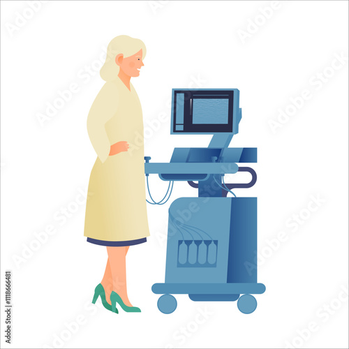 Ultrasonography Scanner. Standing Female Doctor near Scanner. Medical Equipment. Modern Flat Vector Concept Illustration.