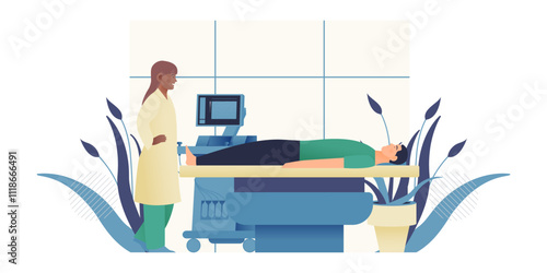 Ultrasonography Procedure. Standing Female Doctor and Male Patient with Scanner in Medical Office or Laboratory. Medical Equipment. Modern Flat Vector Concept Illustration.