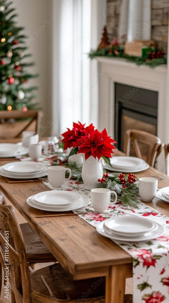 Holiday dining setup with red poinsettias and festive decorations in cozy interior space Holiday dining setup with red poinsettias and festive decorations in cozy interior space
