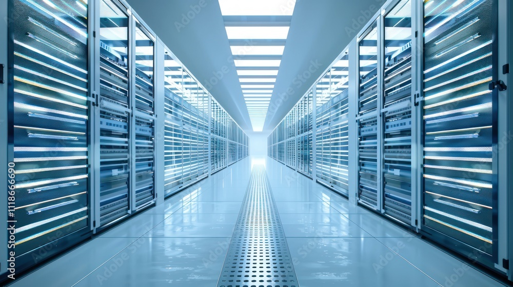 Obraz premium Virtual 3D depiction white server center housing computer storage systems.