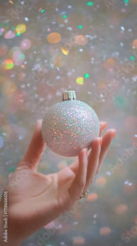 Hand holding a sparkling ornament amidst colorful bokeh background during holiday season