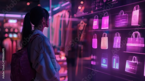 Woman browsing digital handbag display in futuristic store.