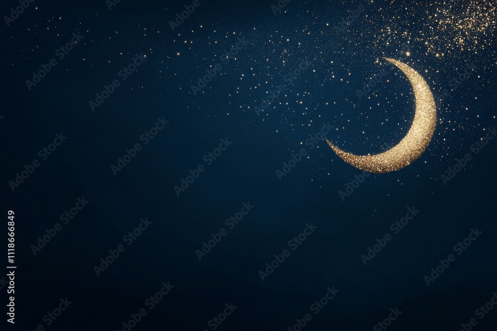 Fototapeta premium Golden crescent moon creating a magical effect with sparkling particles in dark night sky