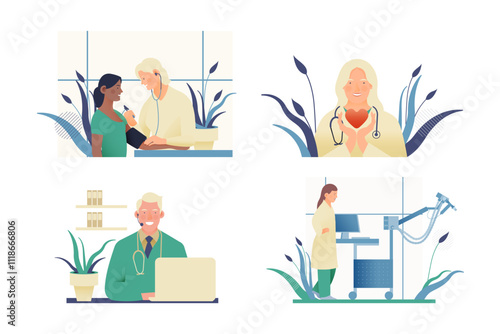Set of Modern Flat Medical Insurance Illustrations. Blood Pressure Procedure, Medical Specialist Hold Red Heart, Spirometry, Plethysmography Equipment in Medical Office, Call Center.