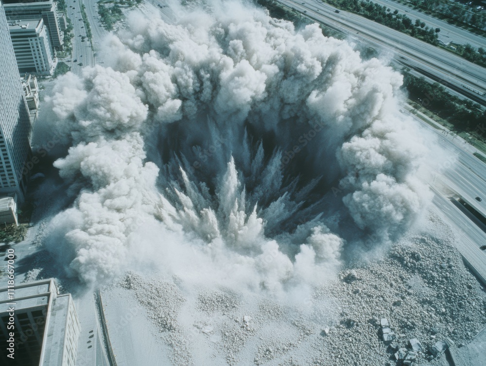 大都市での爆風による衝撃的な爆発と煙の雲が広がる様子 Stock Photo | Adobe Stock
