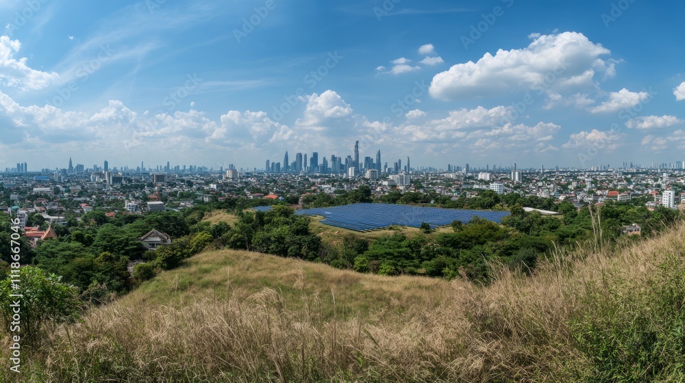Panoramic view of a city skyline with a solar farm in the foreground, surrounded by greenery under a partly cloudy blue sky. Panoramic view of a city skyline with a solar farm in the foreground, surrounded by greenery under a partly cloudy blue sky.