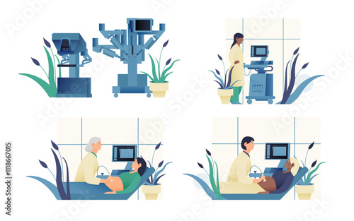 Set of Modern Flat Medical Insurance Illustrations. Medical Equipment, Robotic Surgical Assisted System, Ultrasonography Procedure in Medical Office.