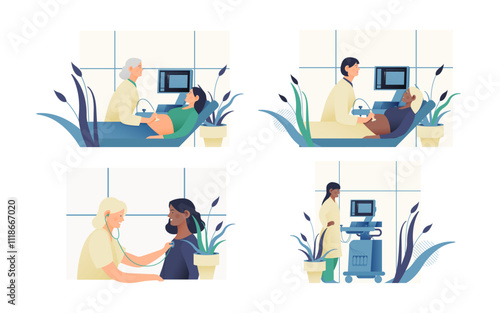 Set of Modern Flat Medical Insurance Illustrations. Ultrasonography Procedure, Cardiac Auscultation, Spirometry, Plethysmography Equipment in Medical Office.