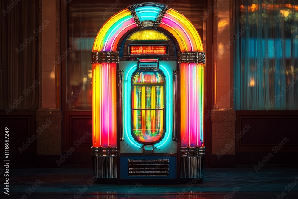 Fototapeta premium Neon-lit vintage music machine, colorful, glowing.