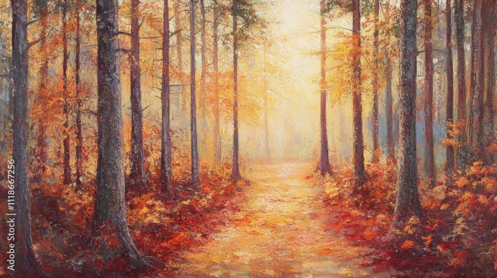 Obraz premium Tranquil autumn forest pathway in sunlight