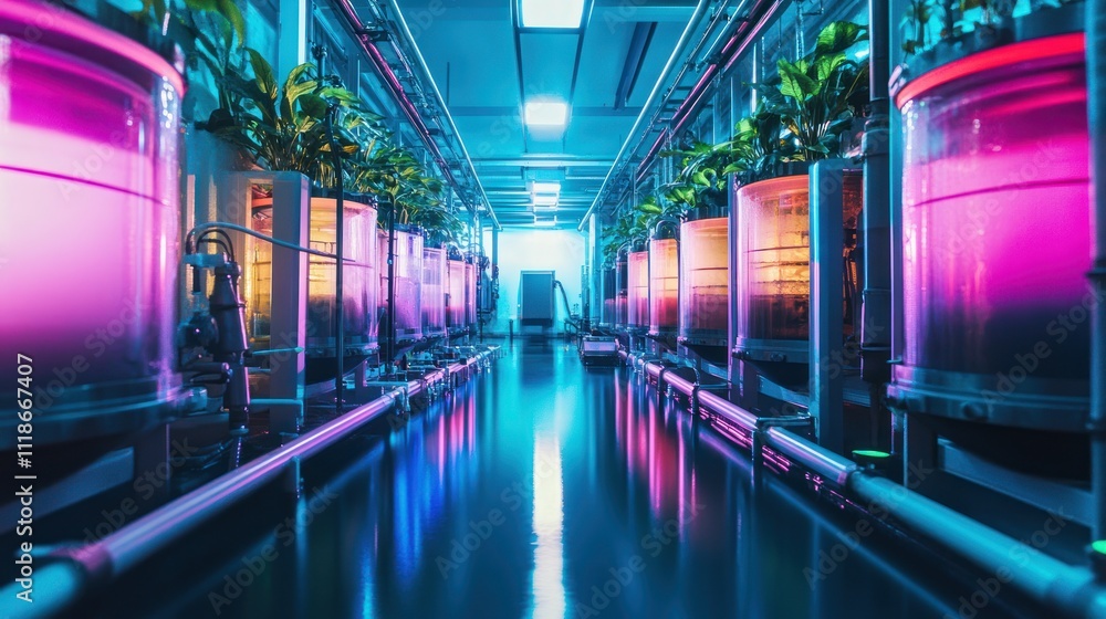 Futuristic indoor farm with plants growing in illuminated tanks. Futuristic indoor farm with plants growing in illuminated tanks.