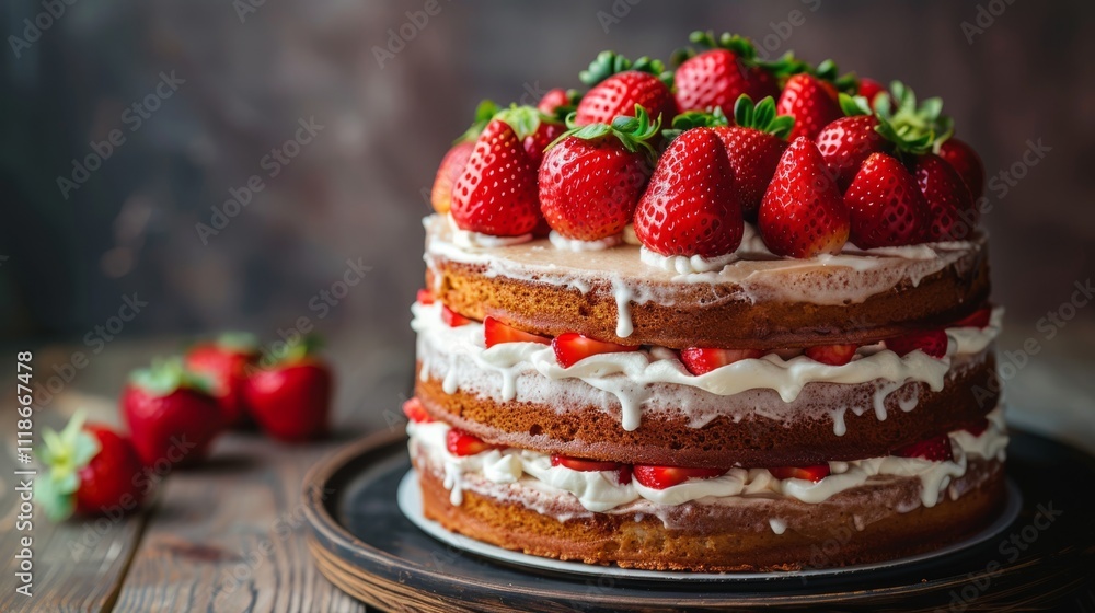 Layered cake topped with fresh strawberries on a wooden table. Concept of a delicious dessert for special occasions. For food blogs or dessert menus. Layered cake topped with fresh strawberries on a wooden table. Concept of a delicious dessert for special occasions. For food blogs or dessert menus.