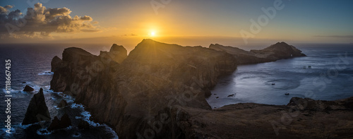Panoramic view of Ponta de Sao Lourenco at sunrise, Canical, Madeira